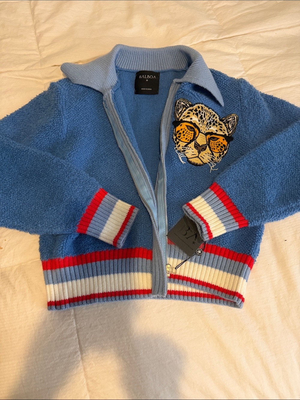 Balboa Blue Zip Jacket with Leopard Patch